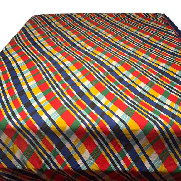 Vintage 70s Twin Flat sheet Morgan Jones rainbow plaid - Picture 1 of 5